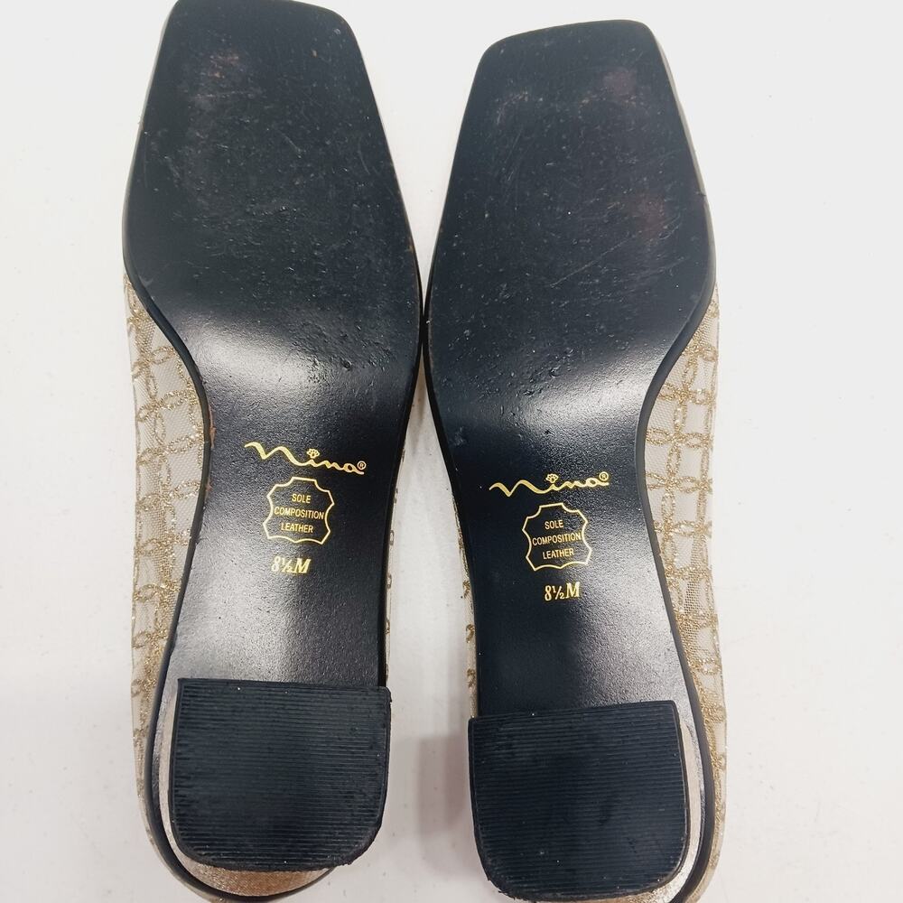 Shoes Women Slip On Pump Gold Mesh Floral Nina Cuban Heel Square Toe Size 8.5M - Picture 8 of 8